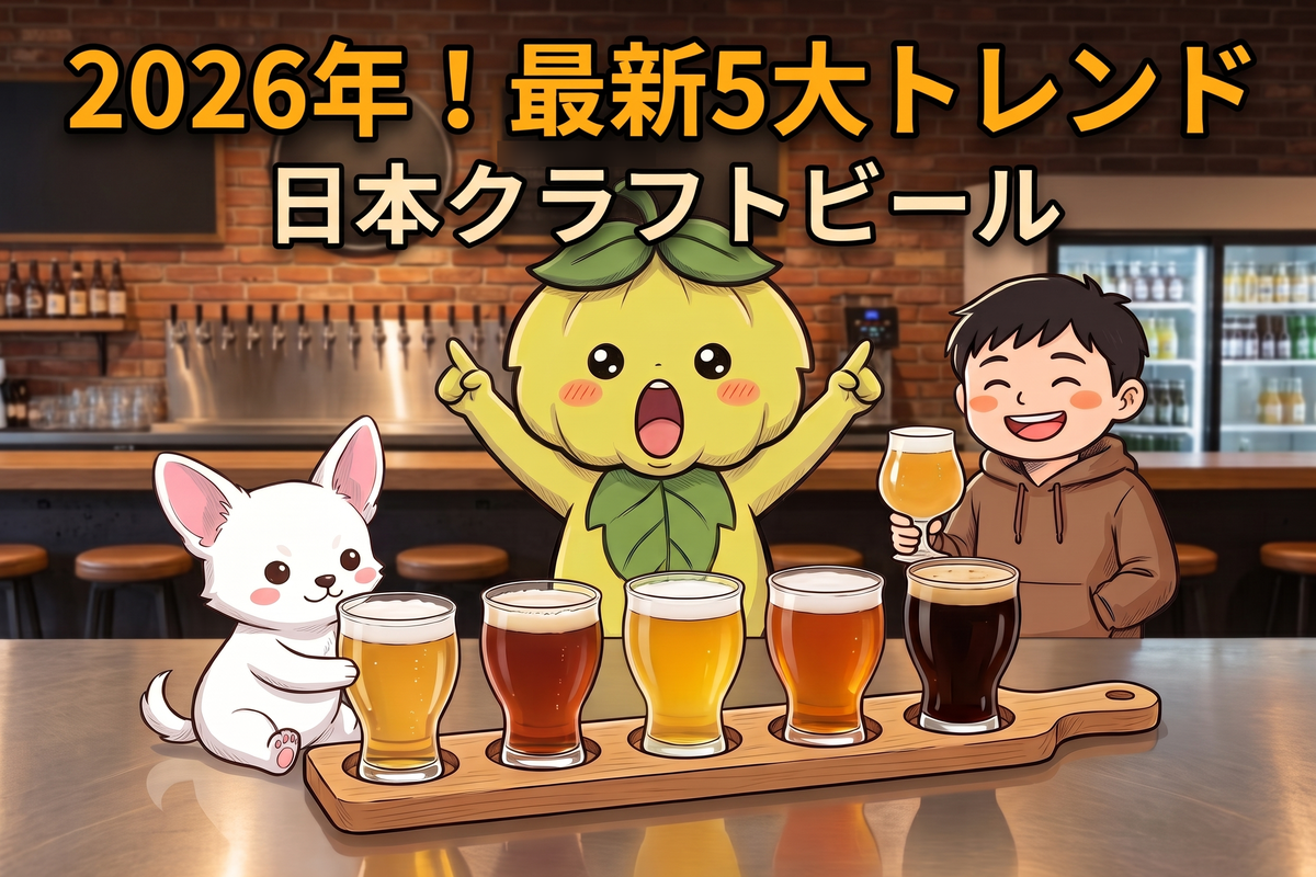 日本クラフトビールの2026年トレンドを紹介するサムネイル、りほくん・ホップくん・ルネちゃんとビールフライト