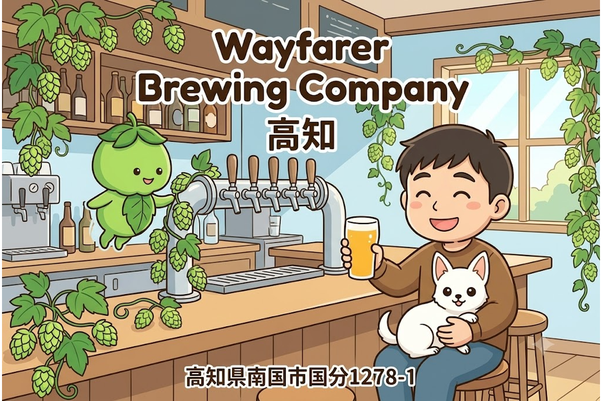 Wayfarer Brewing Company高知のタップルームで乾杯するりほくんたちのイラスト